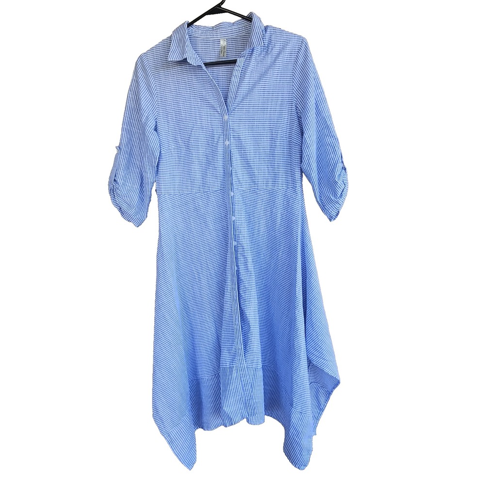 Beachy Resort Blue White Striped Shirt Dress Sz M Cotton PerSeption Concepts